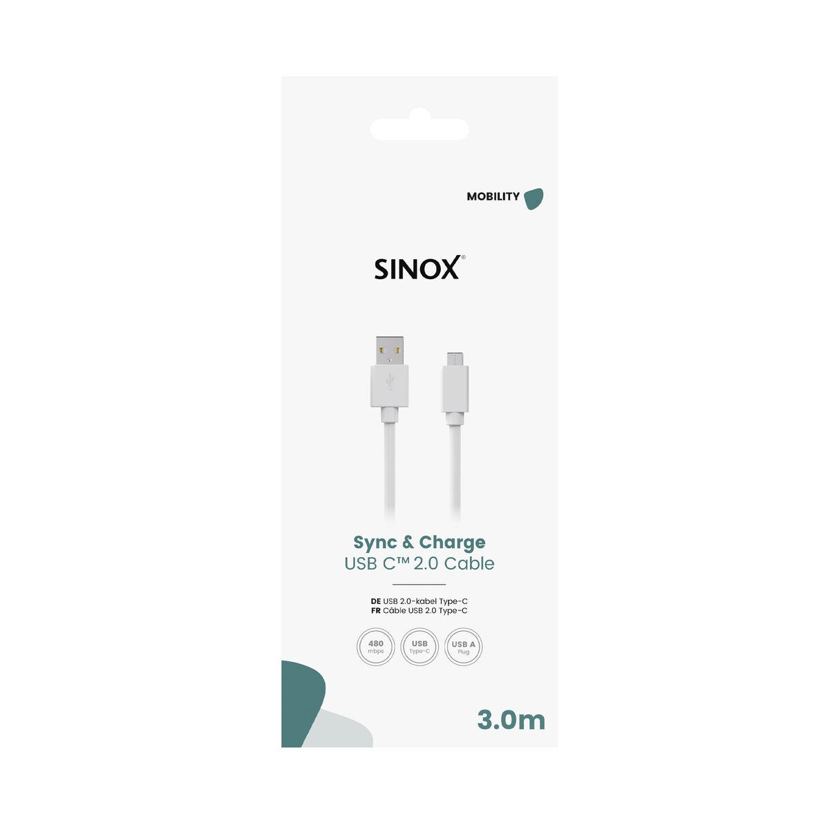 Sinox USB C til USB A kabel. 3m. Hvid