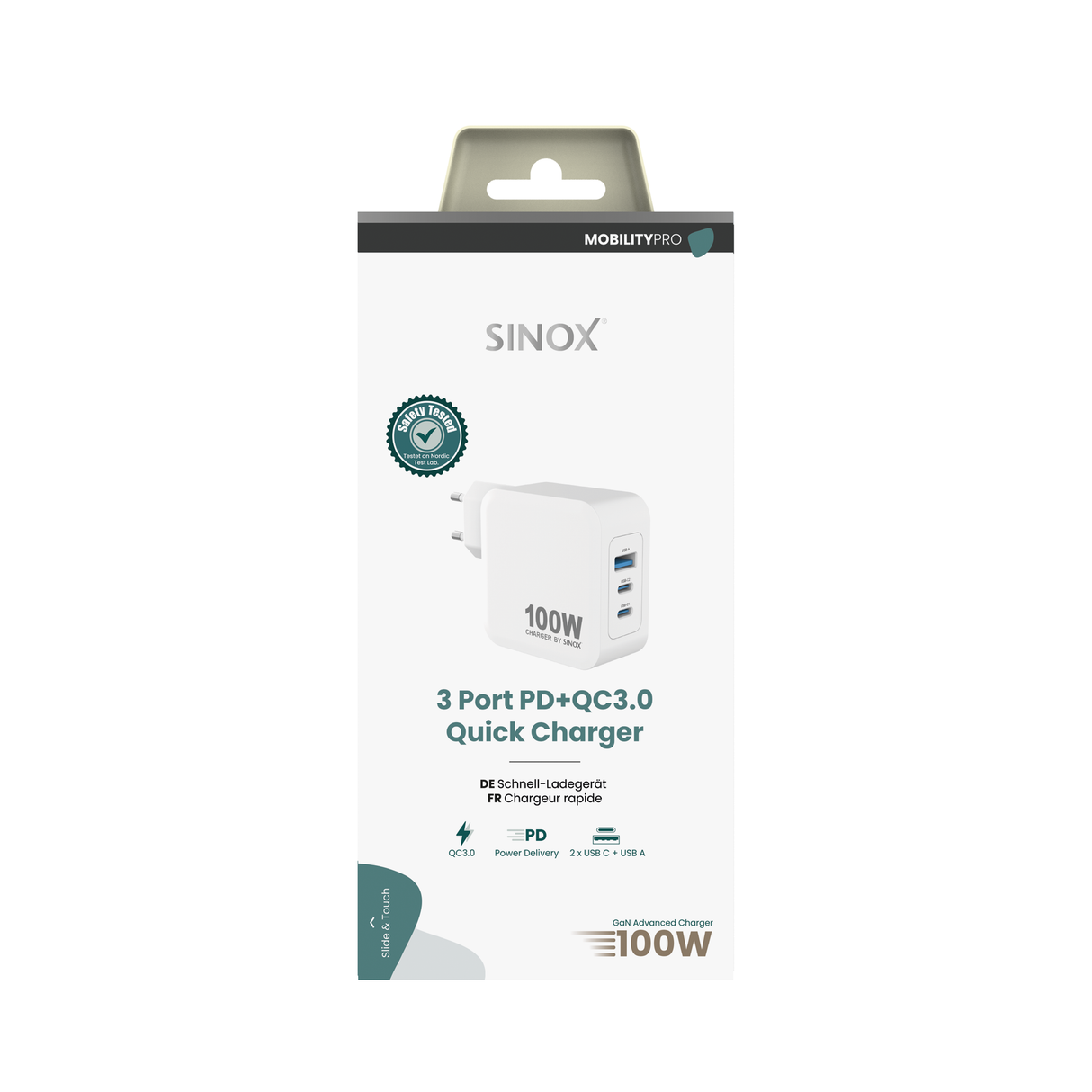 Sinox PRO 230V 2xUSB-C 1xUSB-A PD oplader 100W. Hvid