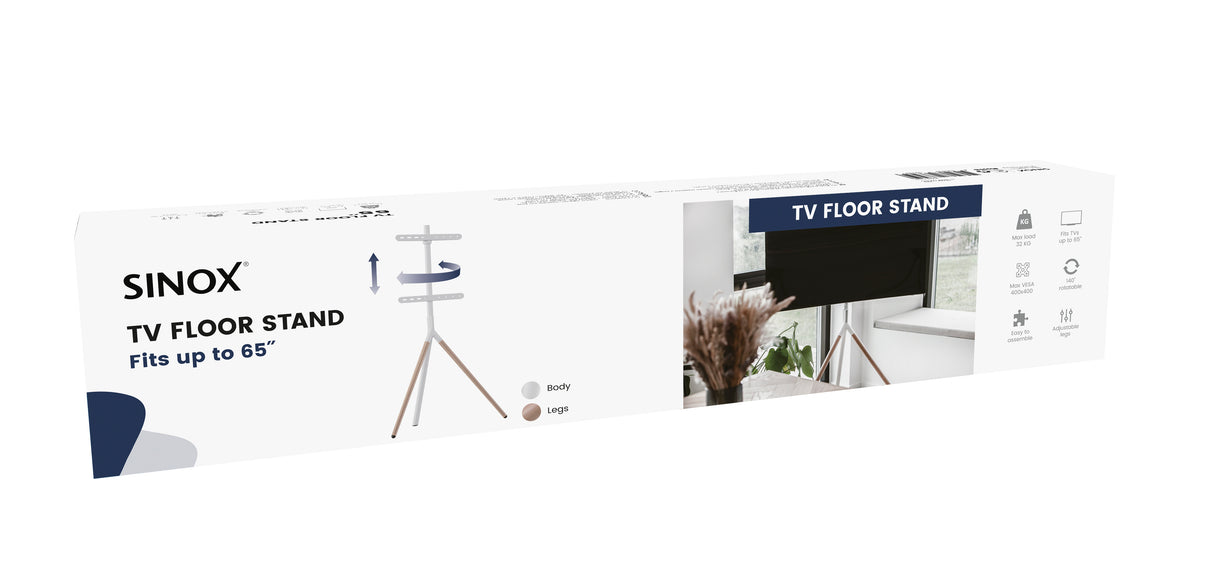 Sinox Tripod TV gulvstand med drejbar top. 45"-65". Lyst træ/hvid