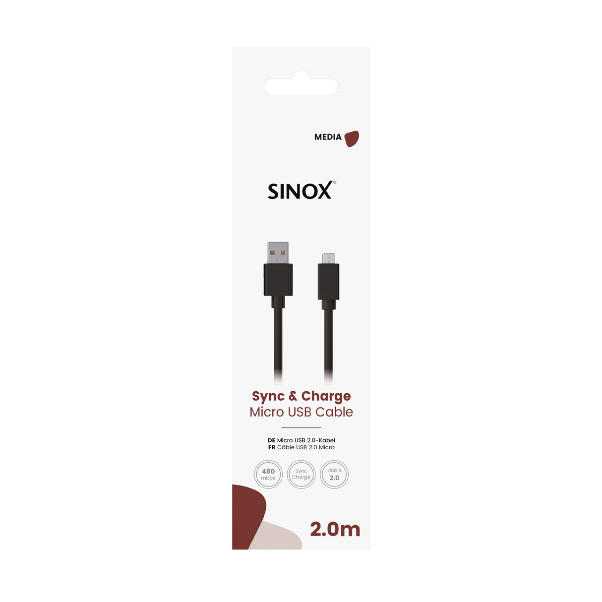 Sinox USB A - Micro USB kabel. 1,8m. Sort