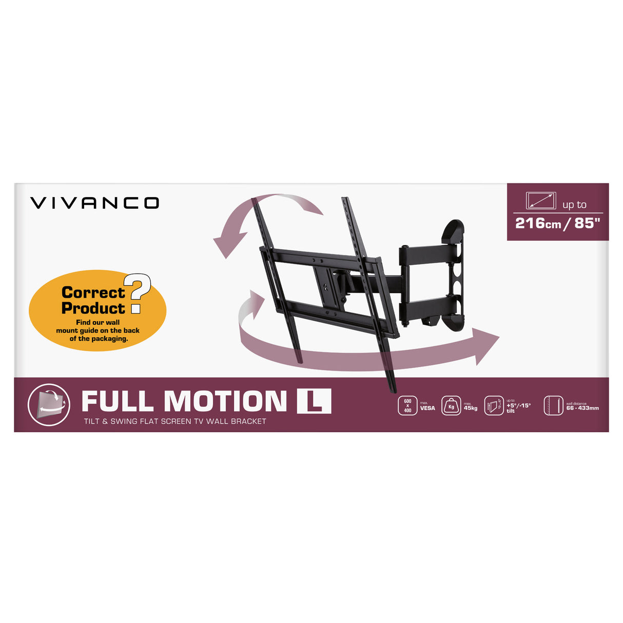Vivanco TV-vægbeslag, MOTION, 85", 45 kg, VESA 600x400