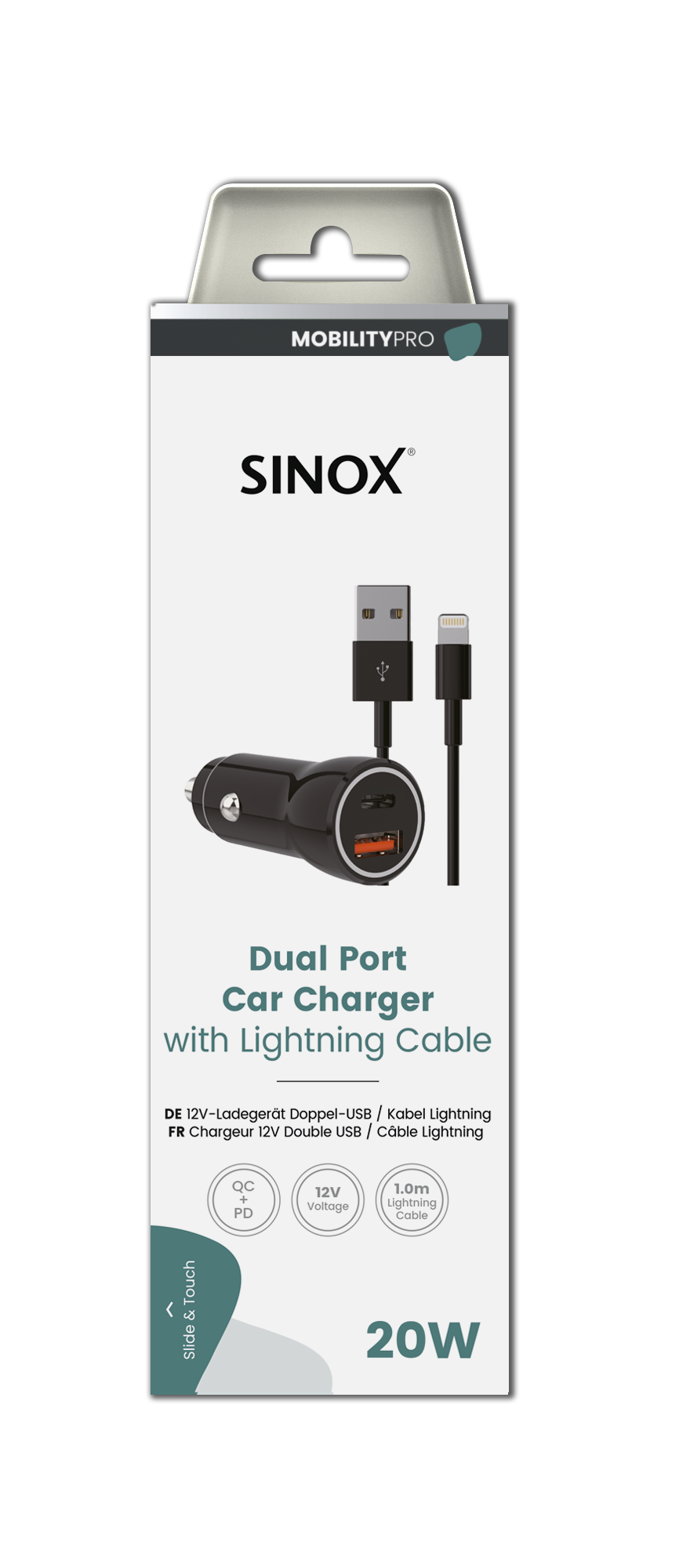 Sinox 12V dobbelt USB biloplader. USB A 18W + USB C 20W. Sort