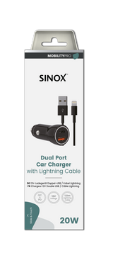 Sinox 12V dobbelt USB biloplader. USB A 18W + USB C 20W. Sort