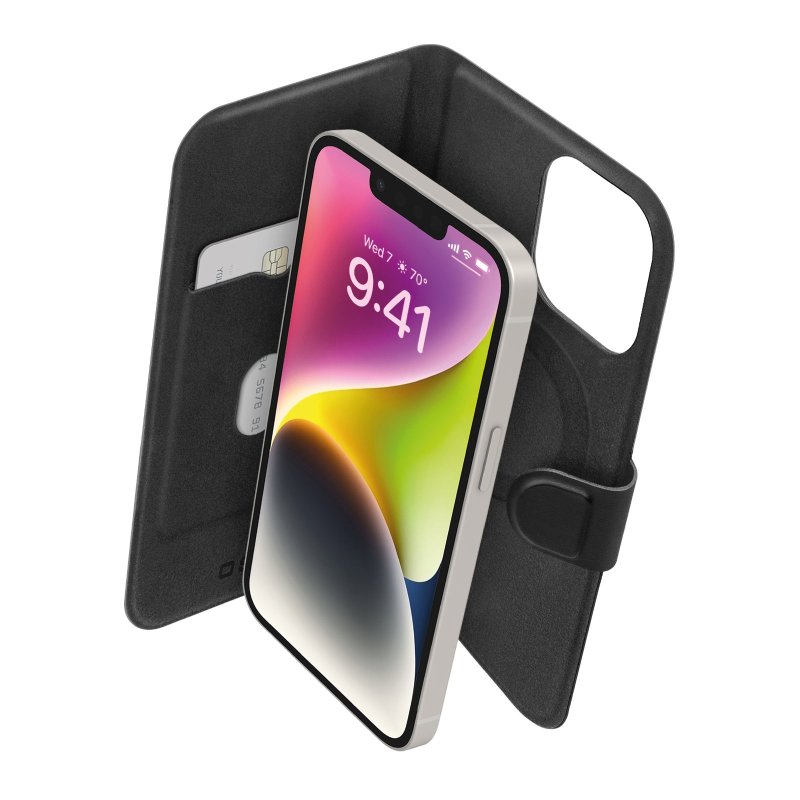 SBS iPhone 14/13 wallet etui med slankt design, kortplads og magnetisk lukning, kompatibelt med MagSafe-opladning. Sort