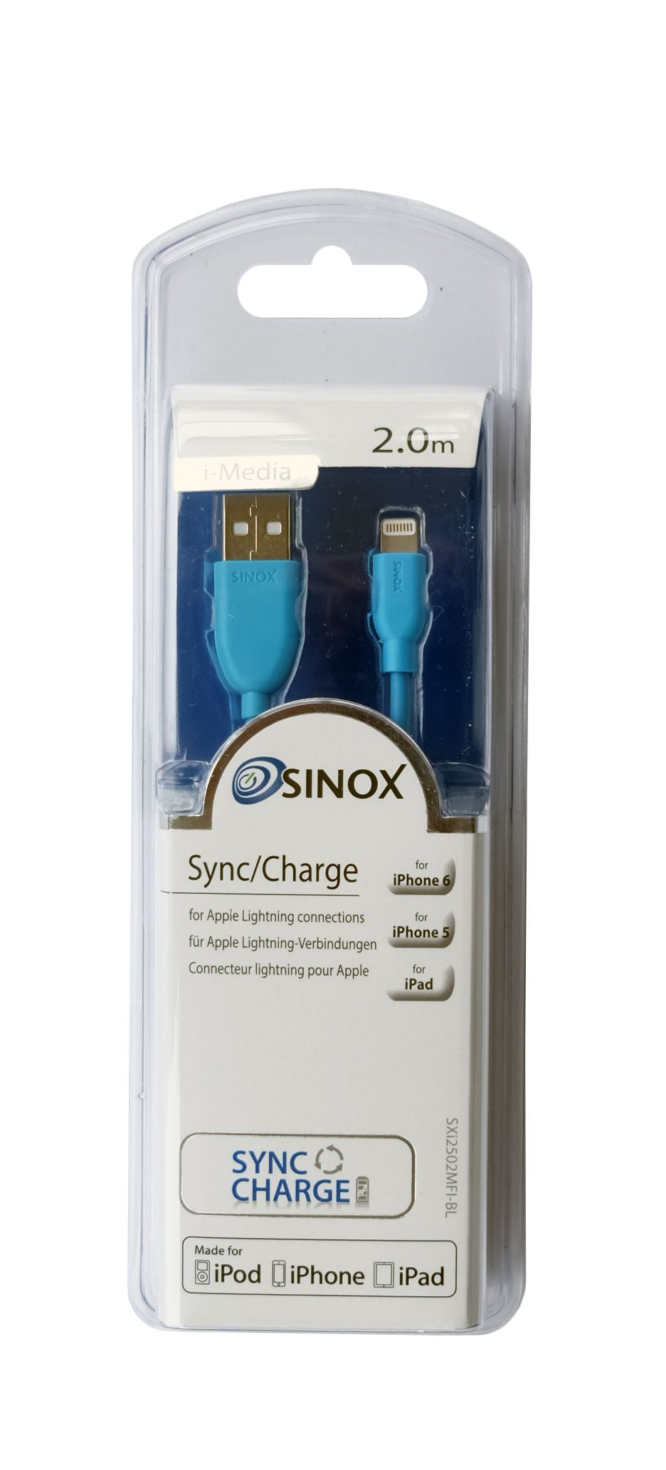 Sinox Lightning kabel m/original Apple™ chip. 2m. Blå