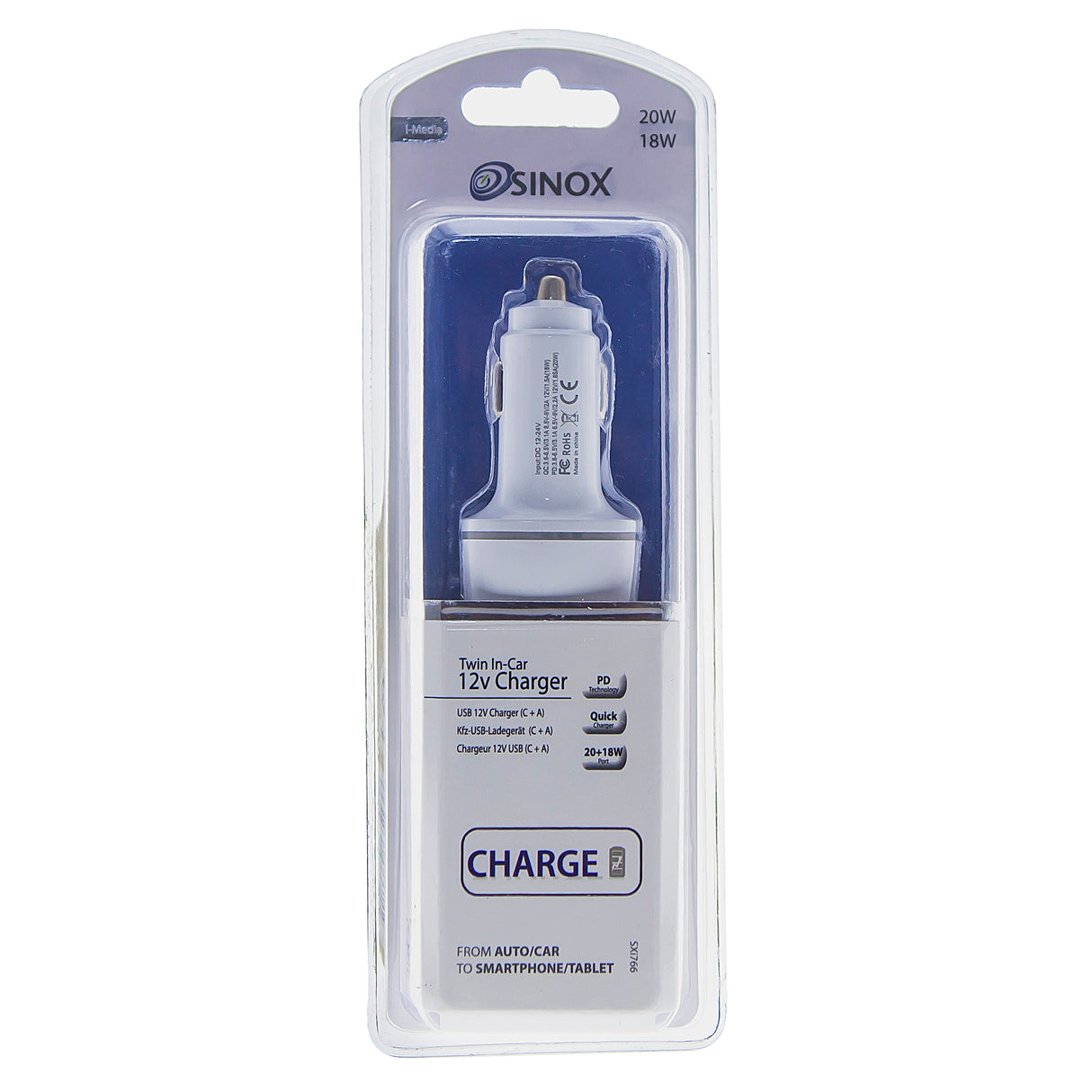Sinox 12V dobbelt USB A+USB C-oplader. Hvid