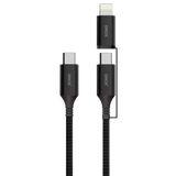 Sinox PRO 2-i-1 kabel med USB-C og Lightning. 1,5m. Braided. Sort