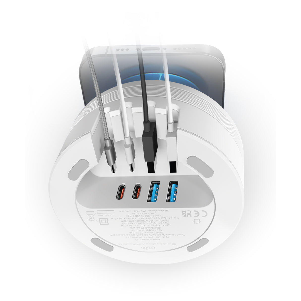 SBS Opladningsstation med 2 USB-A-porte, 2 USB-C-porte og trådløs oplader. Hvid