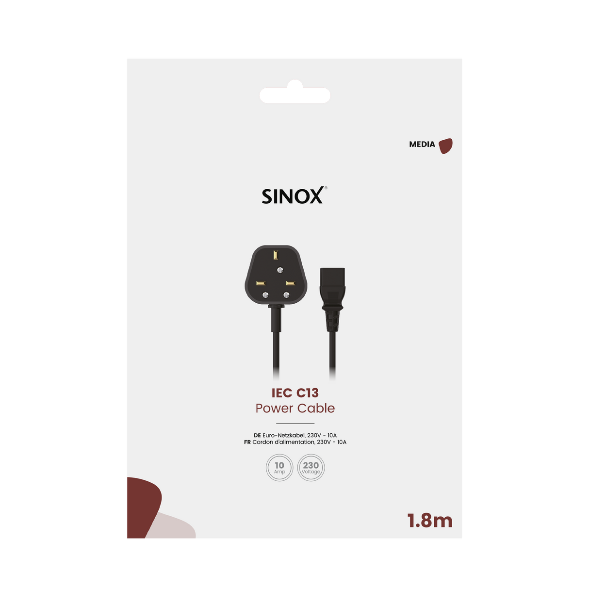 Sinox 3-pin strømkabel med UK stik. 1,8m. Sort