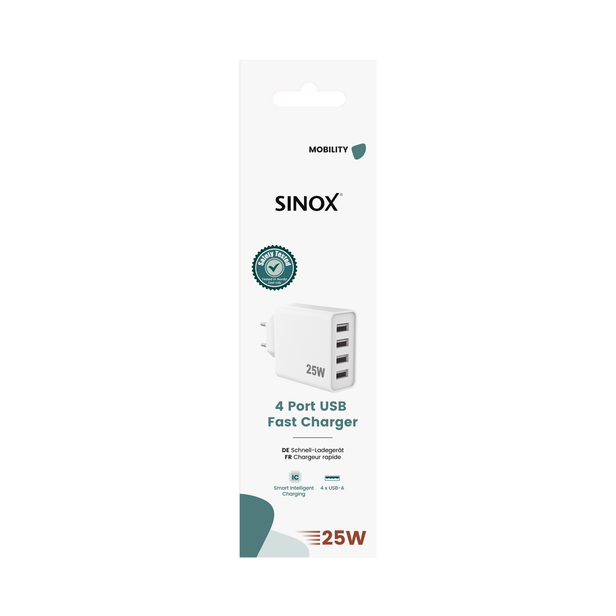 Sinox 230V 4xUSB-A oplader 25W. Hvid