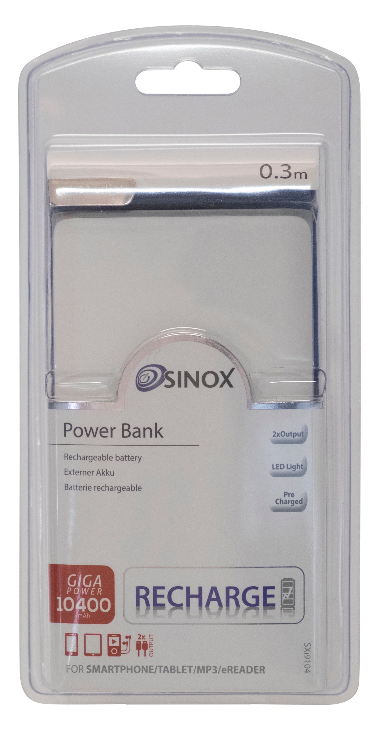 Sinox Power Bank 10400 mAh. Hvid