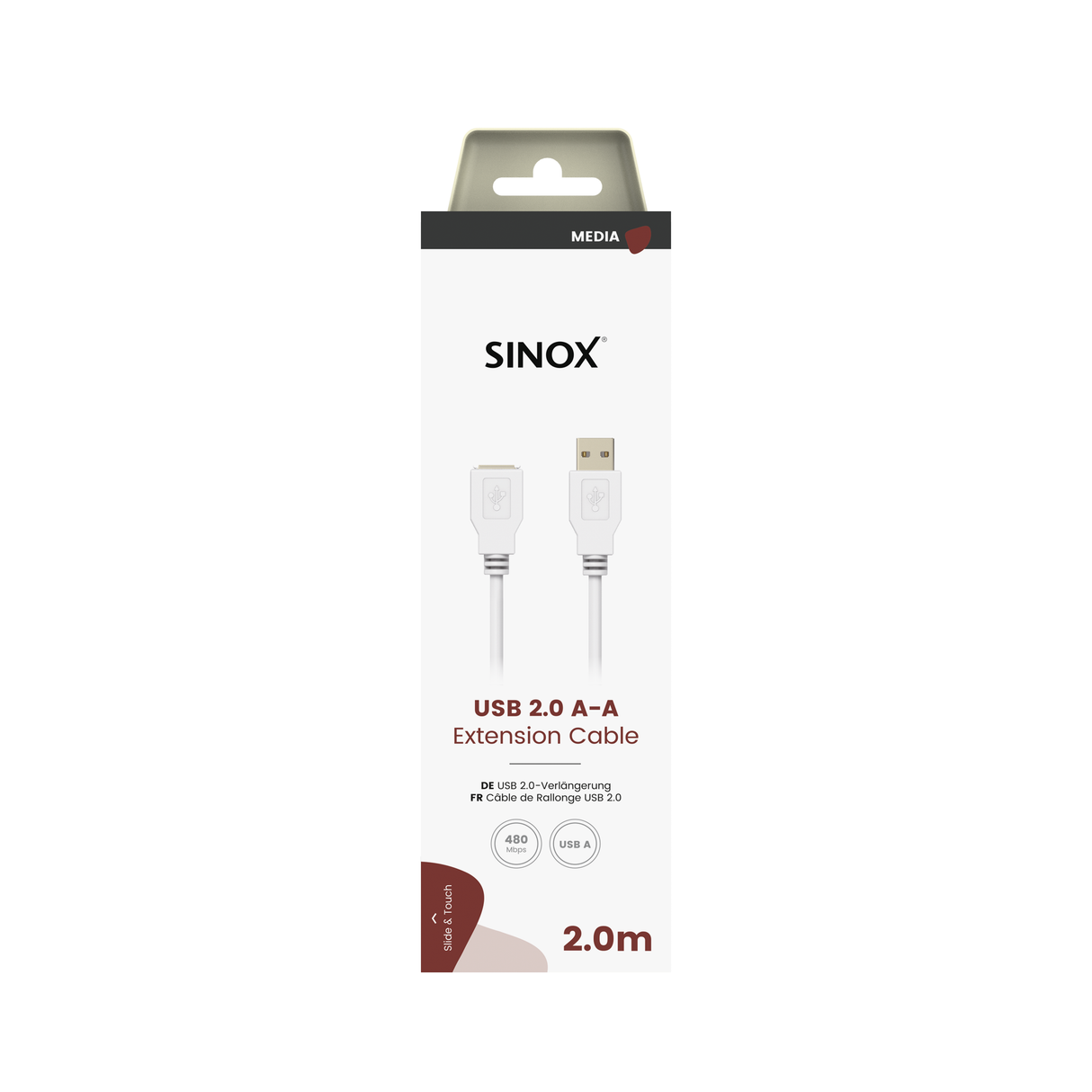 Sinox USB 2.0 forlængerkabel. 2m. Hvid