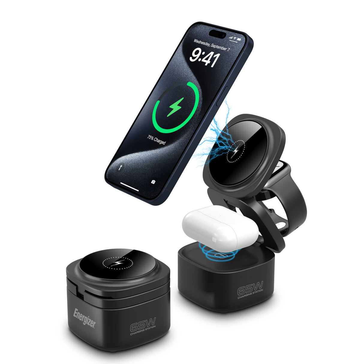 Energizer 3-i-1 trådløs opladningsstation med 65W USB-C PD. Sort