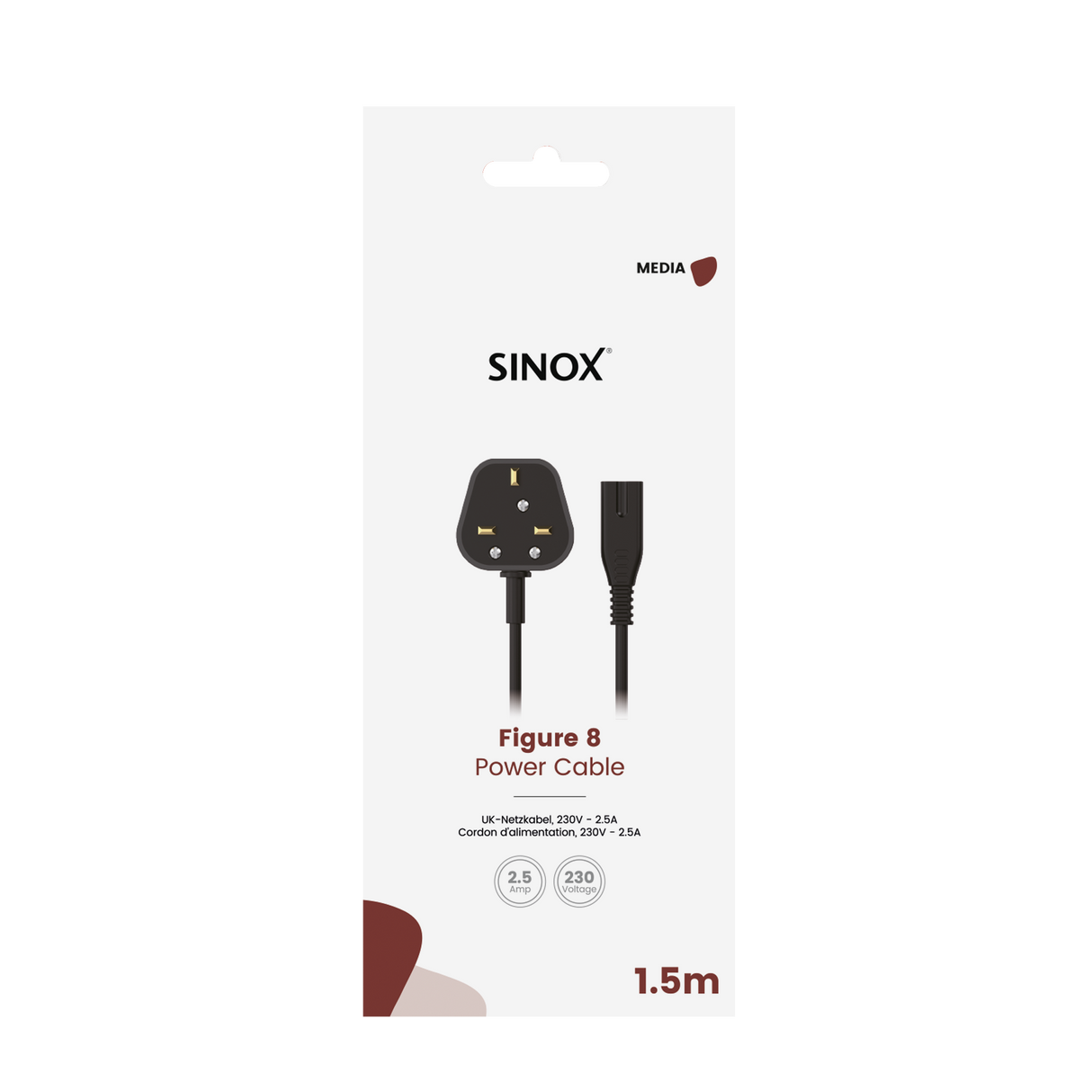 Sinox 8-tals strømkabel med UK stik. 1,5m. Sort