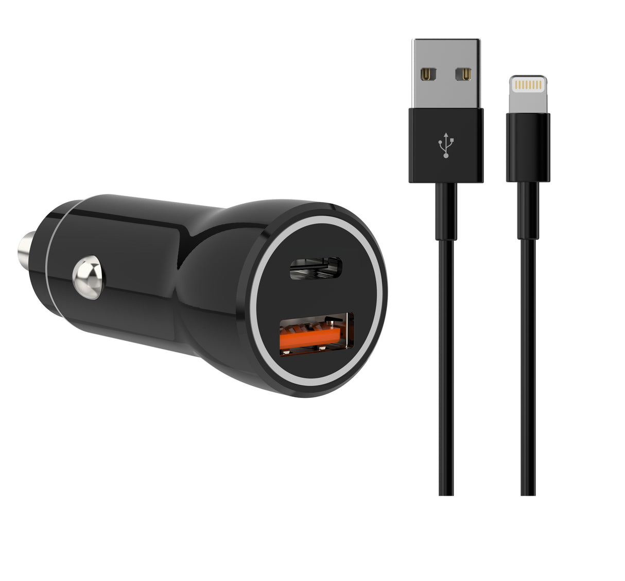 Sinox 12V dobbelt USB biloplader. USB A 18W + USB C 20W. Sort