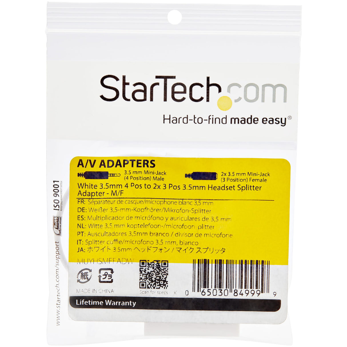 Hvid headset-adapter til headsets med separate hovedtelefon-/mikrofonstik - 3,5 mm 4-positions til 2x 3-positions 3,5 mm M/F