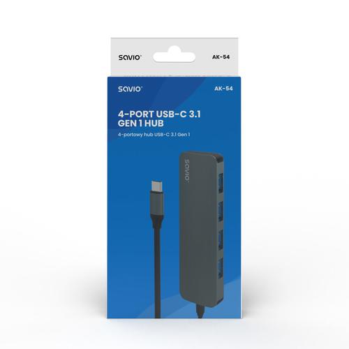 Savio Hub USB-C - 4 x USB-A AK-54 USB 3.2 Gen 1 (3.1 Gen 1) Type-A 1000 Mbit/s Black