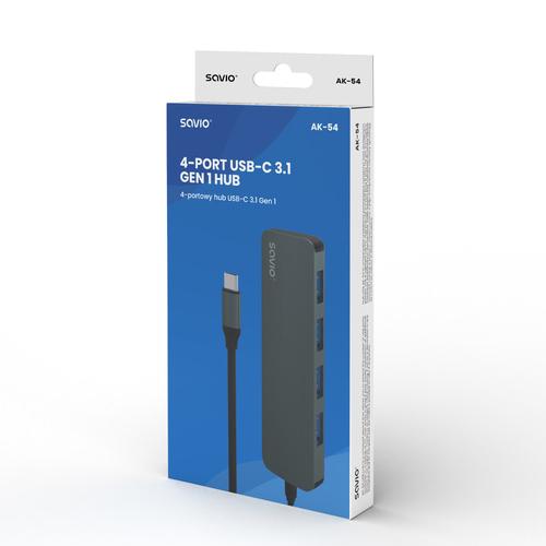 Savio Hub USB-C - 4 x USB-A AK-54 USB 3.2 Gen 1 (3.1 Gen 1) Type-A 1000 Mbit/s Black