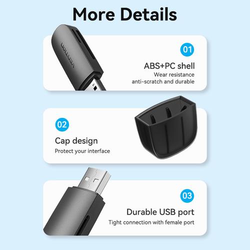 Vention 2-in-1 USB 2.0 A Card Reader(SD+TF) Black Single Drive Letter