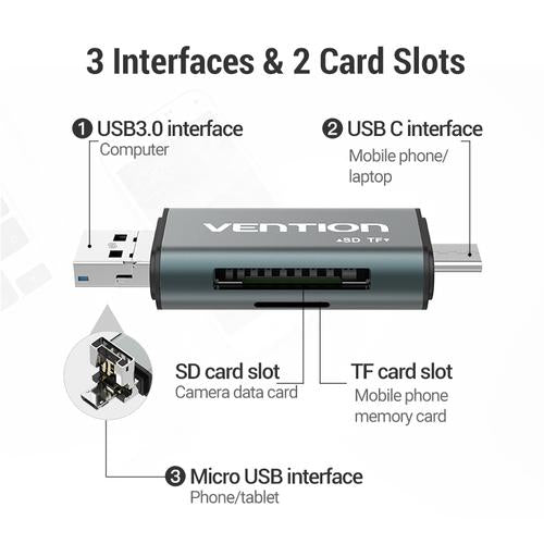 Vention USB3.0 Multi-function Card Reader Gray Metal Type