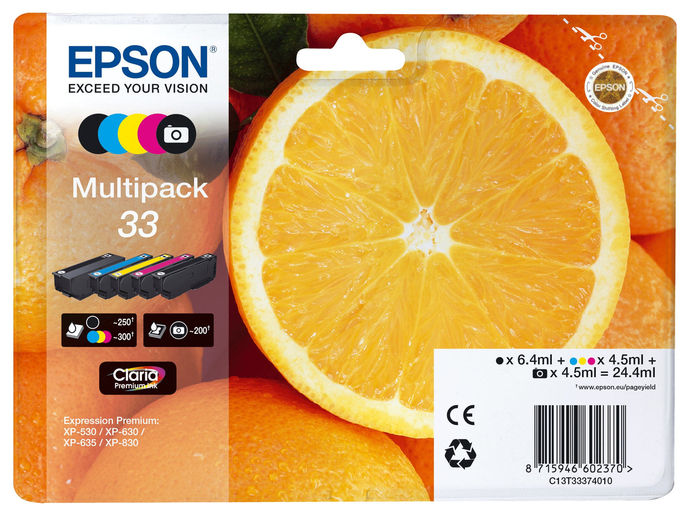 Epson Oranges C13T33374011 blækpatron 1 stk Original Sort, Blå, Magenta, Foto sort, Gul.