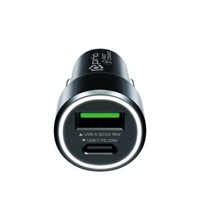 prio Fast Charge Car Charger 20W PD (USB C) + QC 3.0 (USB A) black