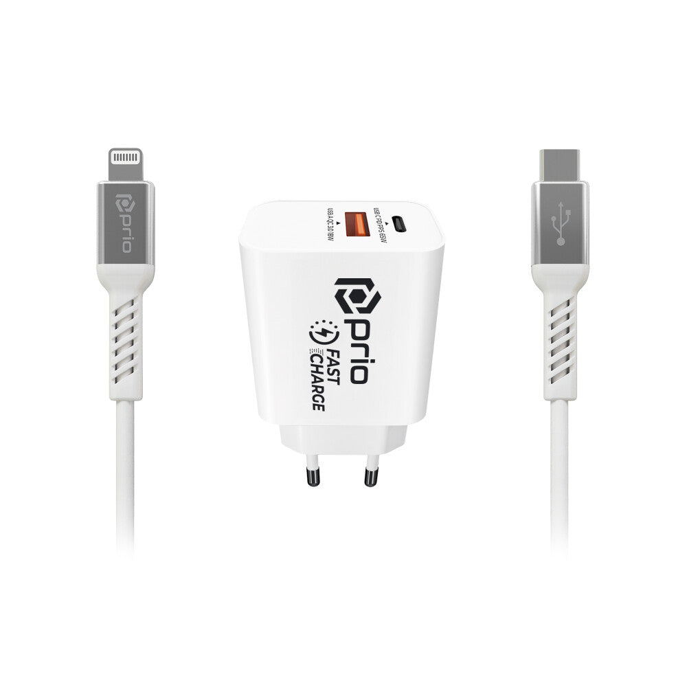 Prio MFi iPhone oplader Hurtig ladning sæt (20W Dual Wall Charger + Lightning kabel) Hvid