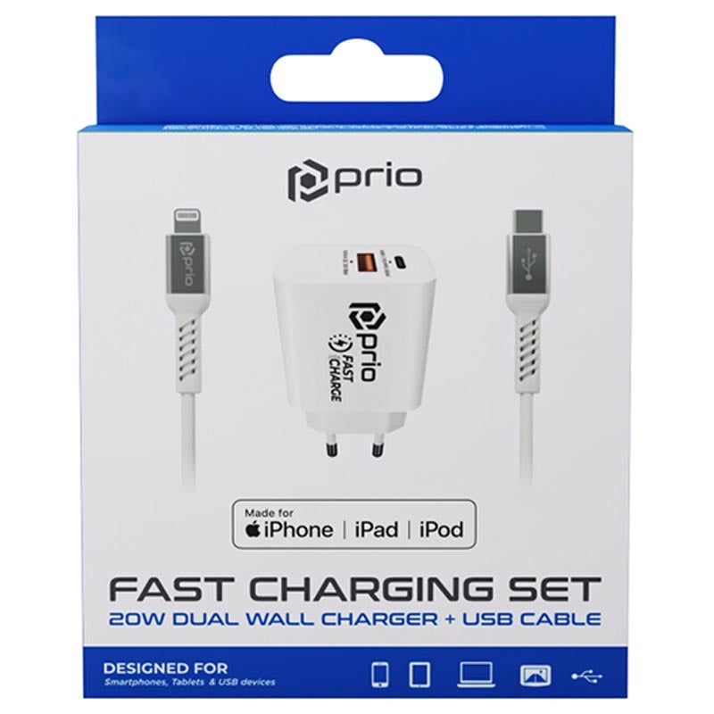 Prio MFi iPhone oplader Hurtig ladning sæt (20W Dual Wall Charger + Lightning kabel) Hvid