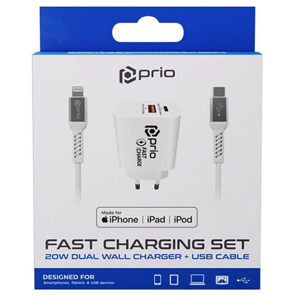 Prio MFi iPhone oplader Hurtig ladning sæt (20W Dual Wall Charger + Lightning kabel) Hvid