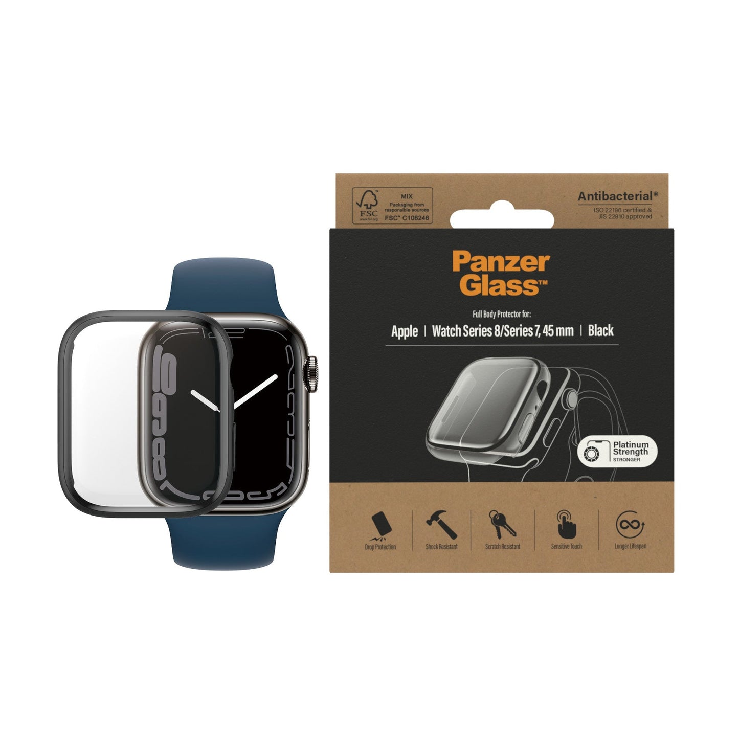 Panzerglass Til Apple Watch Serie 7/ Serie 8 (45 Mm) (Sort, Antibakteriel)