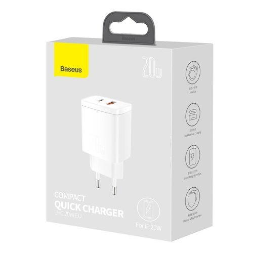 Baseus Kompakt hurtigoplader USB / USB Type C 20W 3A Strømforsyning Quick Charge 3.0 hvid (CCXJ-B02)